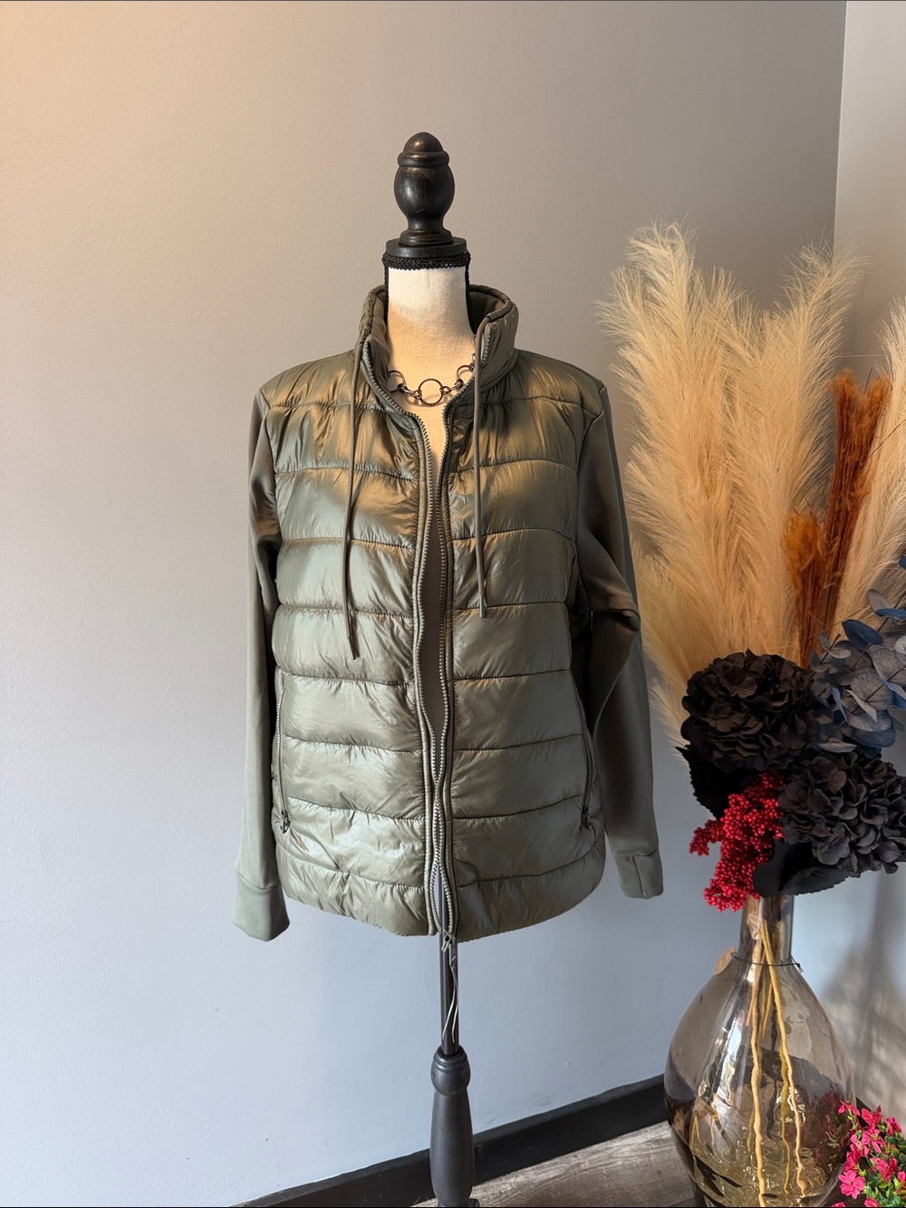 Avia Olive Green Quilted Puffer Jacket with Knit Sleeves